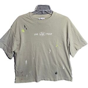 Zara Live Life Fully Paint Splatter T-Shirt Khaki Green Mens Small Cotton Tee